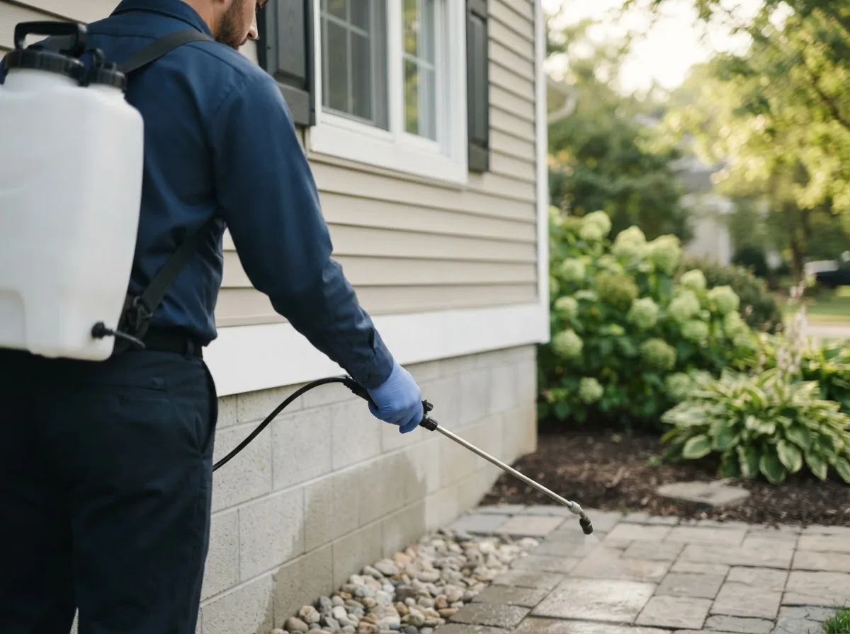 Pest control technician inspecting a home in Coral, PA